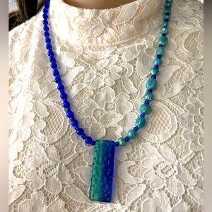 Handmade Blue & Turquoise Glass Beaded Necklace with Murano Glass Pendant